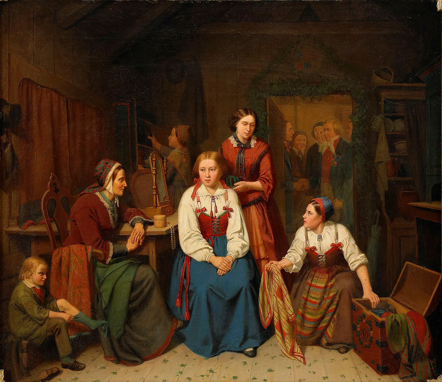 Per Eskilson. Bröllopsförberedelser i interior. 1857