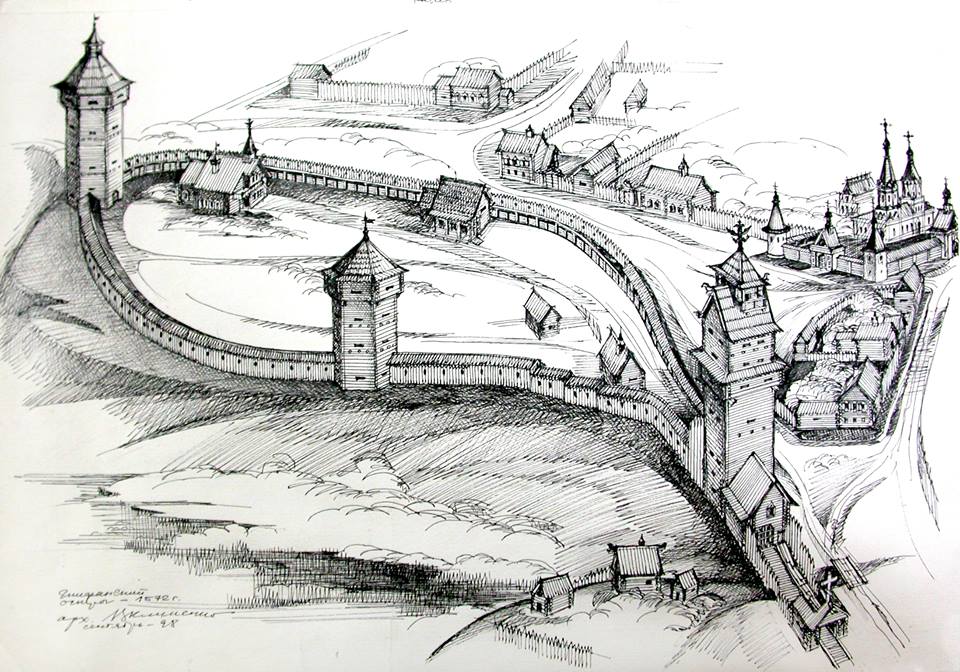 Графическое изображение Епифанского острога 1572 г. Автор - архитектор Михаил Клименко. 1998 г. Фонд музея-заповедника "Куликово поле"